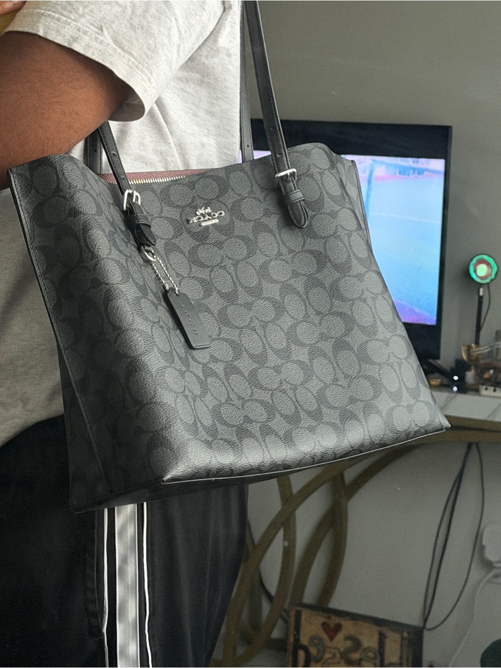 Coach Black Charcoal Signature Tote with Silver Logo